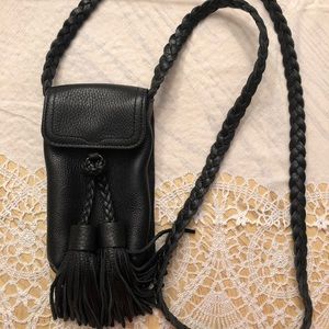 Black mini crossbody leather bag with tassel